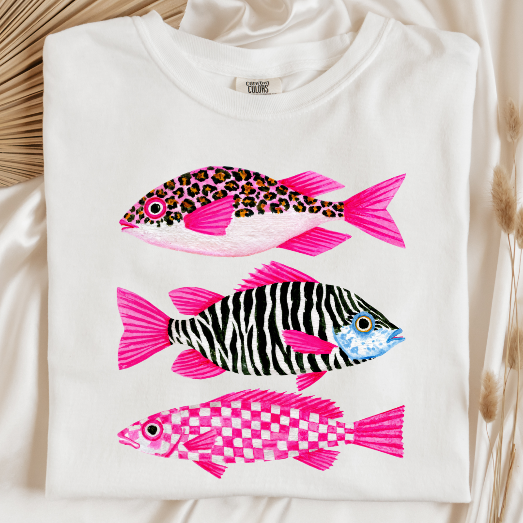 Three Pink Fish Graphic Tee & Crewneck