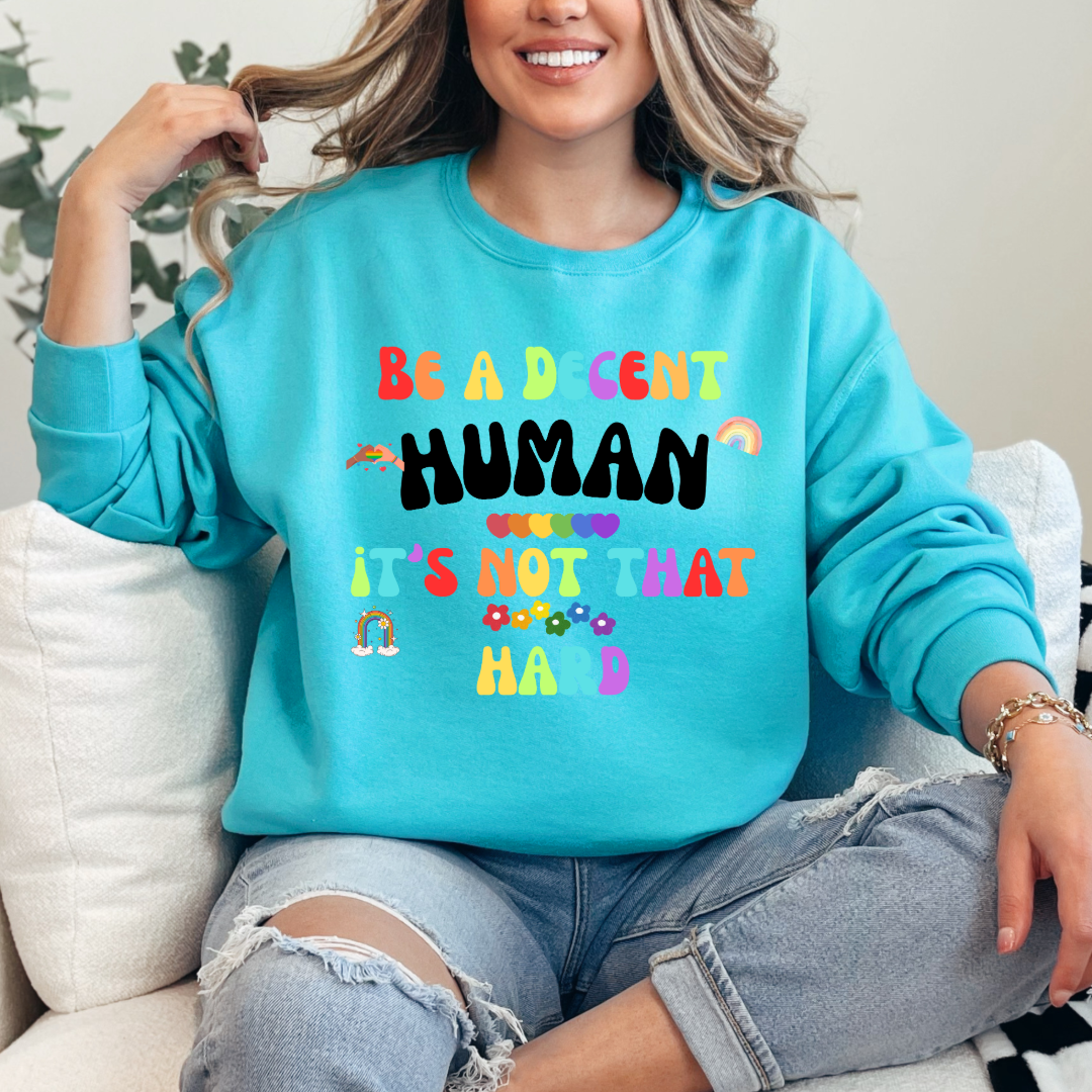 "Be a decent human" adult crewneck and hoodie