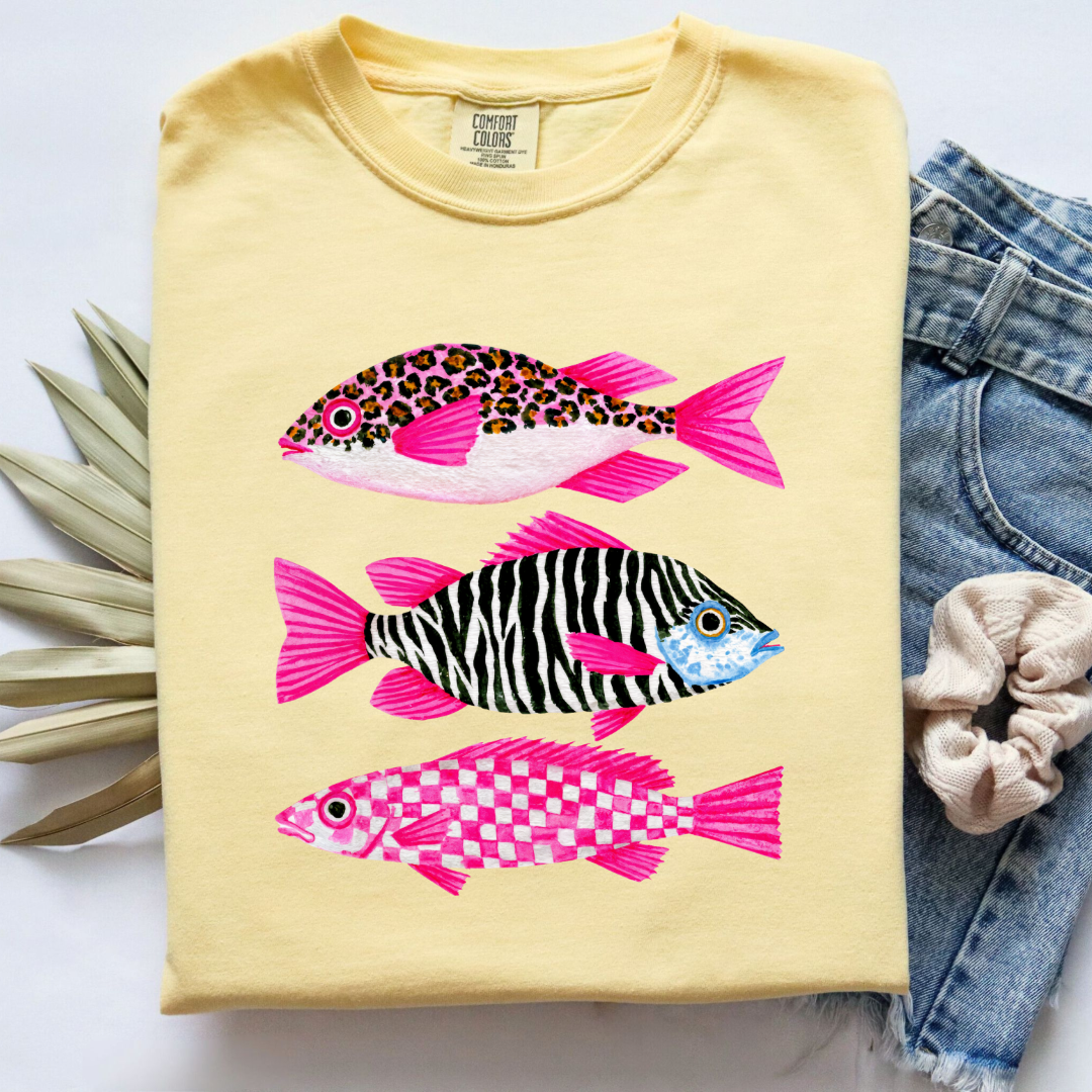 Three Pink Fish Graphic Tee & Crewneck