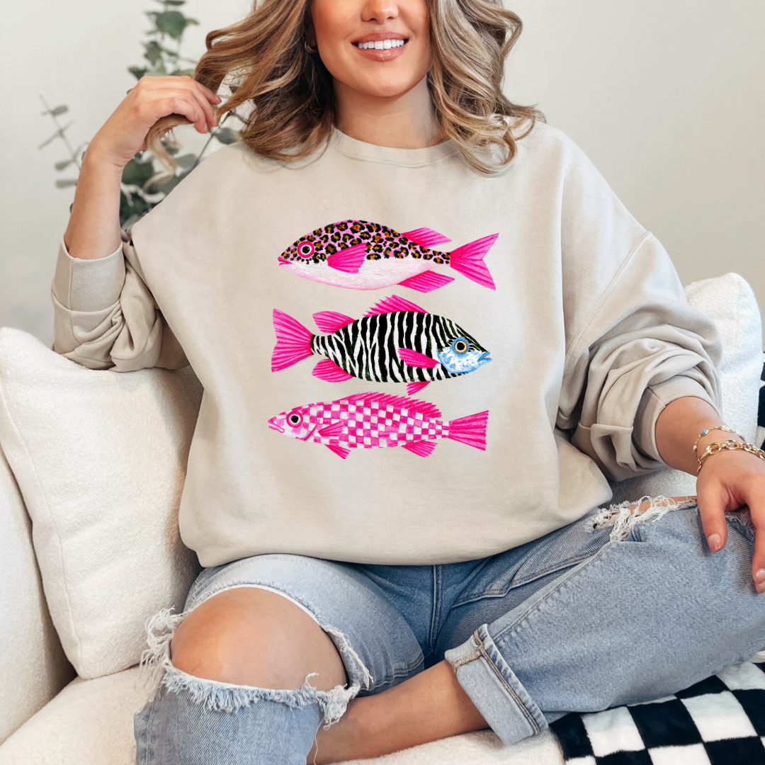 Three Pink Fish Graphic Tee & Crewneck