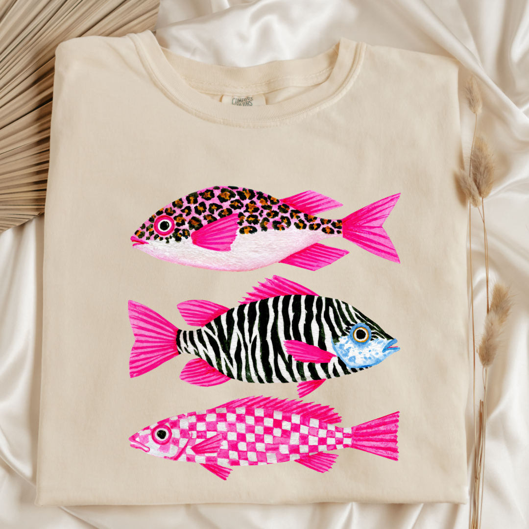 Three Pink Fish Graphic Tee & Crewneck