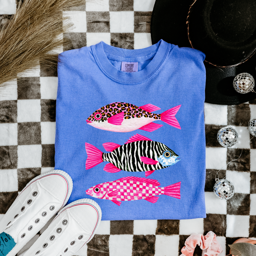 Three Pink Fish Graphic Tee & Crewneck