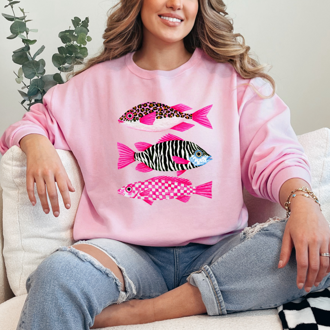 Three Pink Fish Graphic Tee & Crewneck