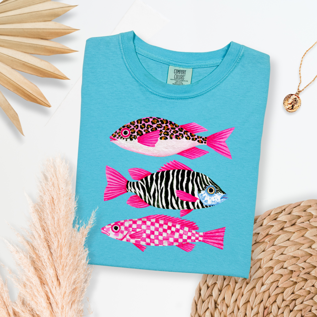 Three Pink Fish Graphic Tee & Crewneck