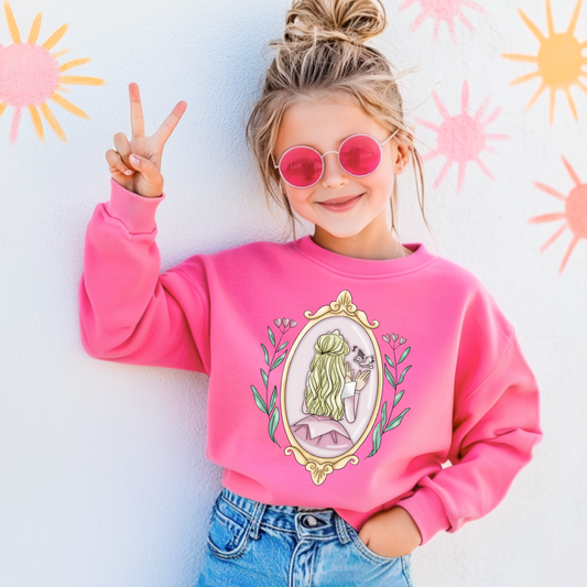 Customized youth hot pink crewneck Disney Princess sleeping beauty/Aurora back silhouette in a gold mirror with flower vines up the side. Designs are available in Adult and youth graphic tees as well as youth and adult crewnecks and adult hoodies. 