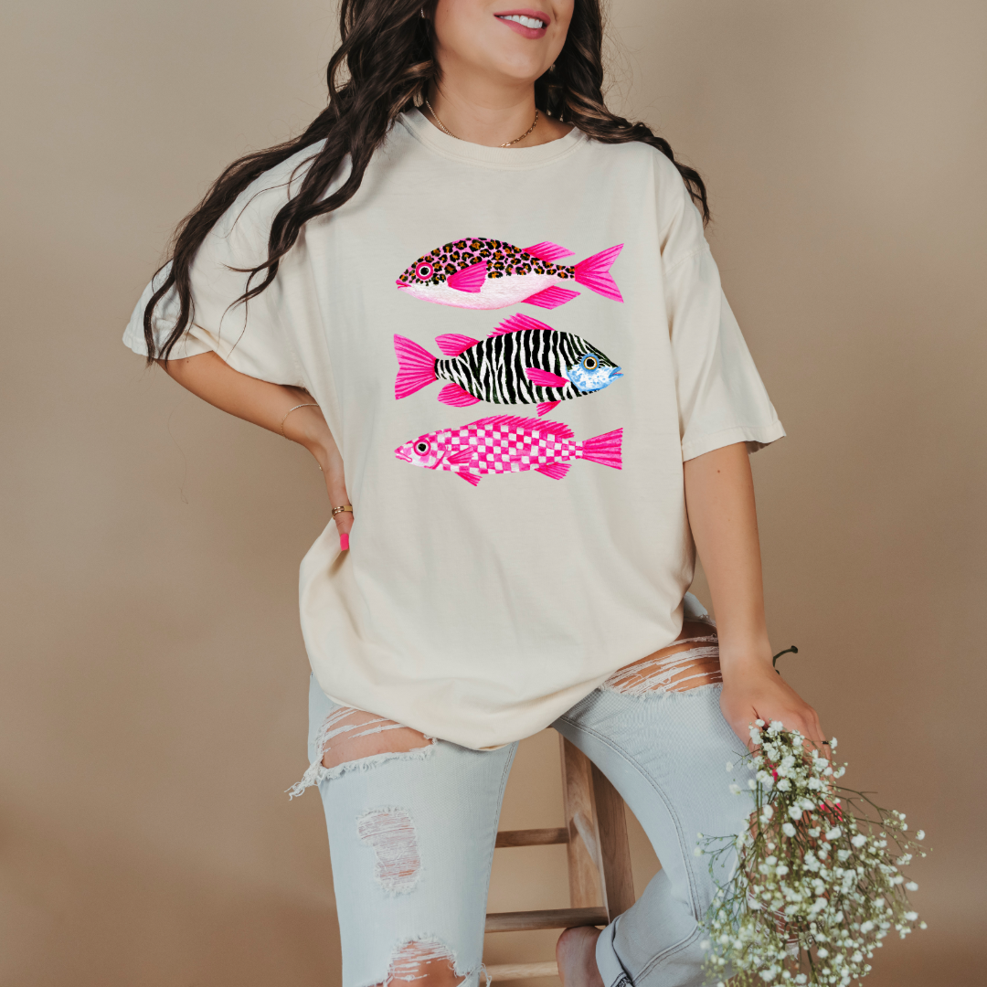 Three Pink Fish Graphic Tee & Crewneck