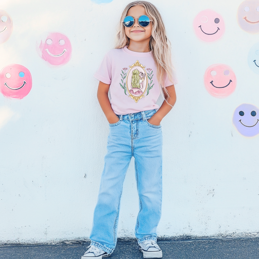 Customized comfort colors youth blossom pink Graphic tee Disney Princess sleeping beauty/Aurora back silhouette in a gold mirror with flower vines up the side. Designs are available in Adult and youth graphic tees as well as youth and adult crewnecks and adult hoodies. 