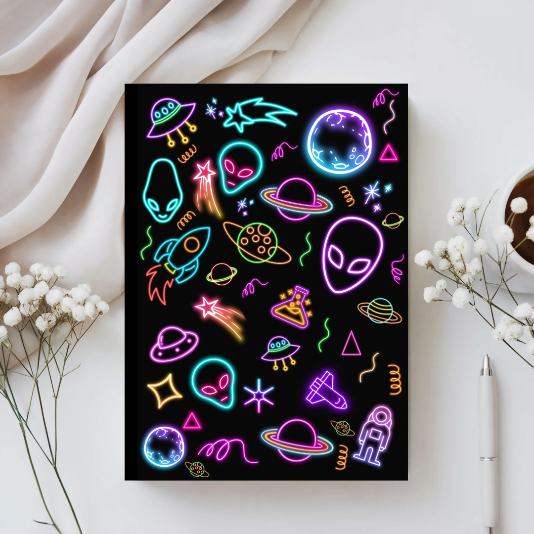 Neon-style space-themed wall art on a black background with decorative elements.