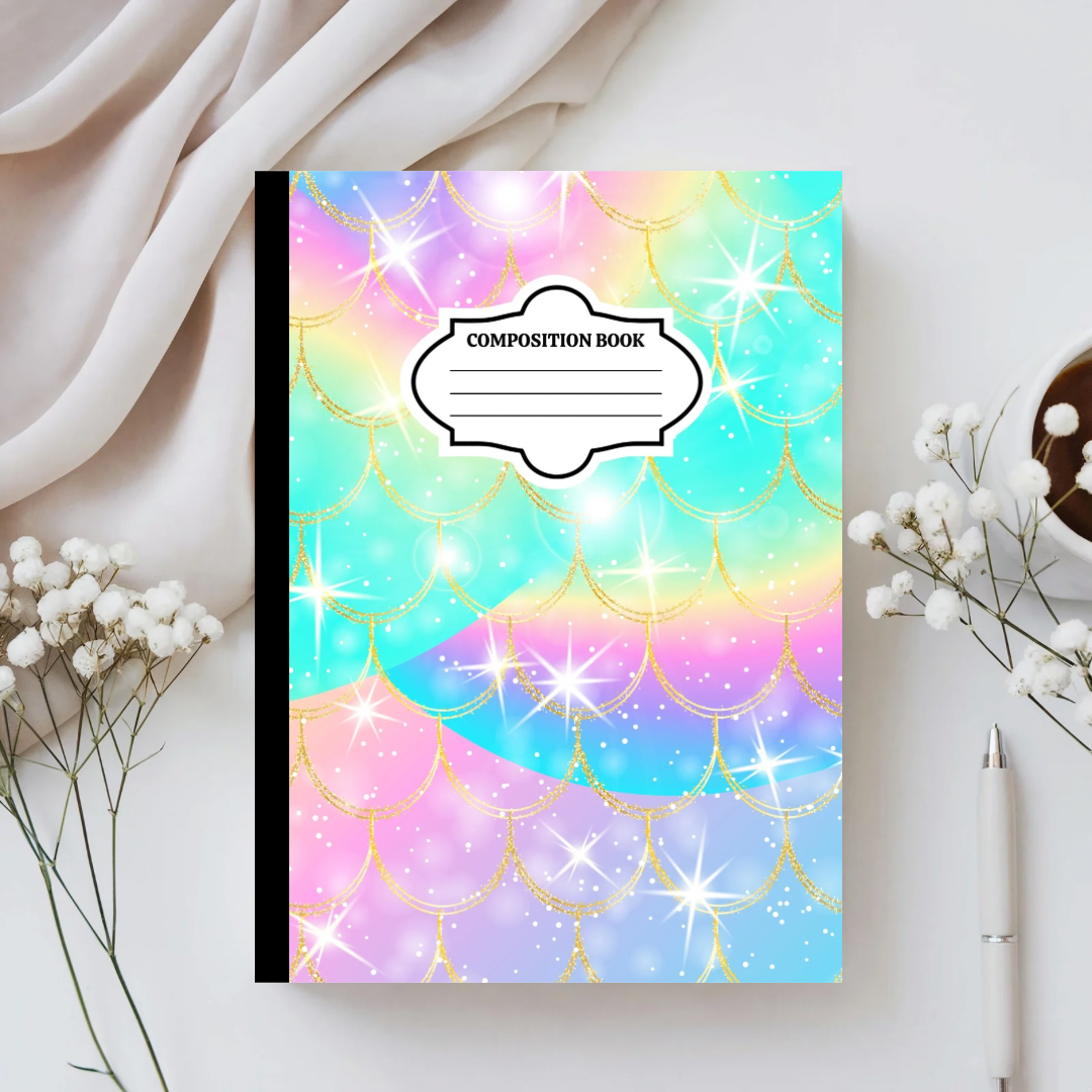 Composition book with colorful mermaid scale design on a light background
