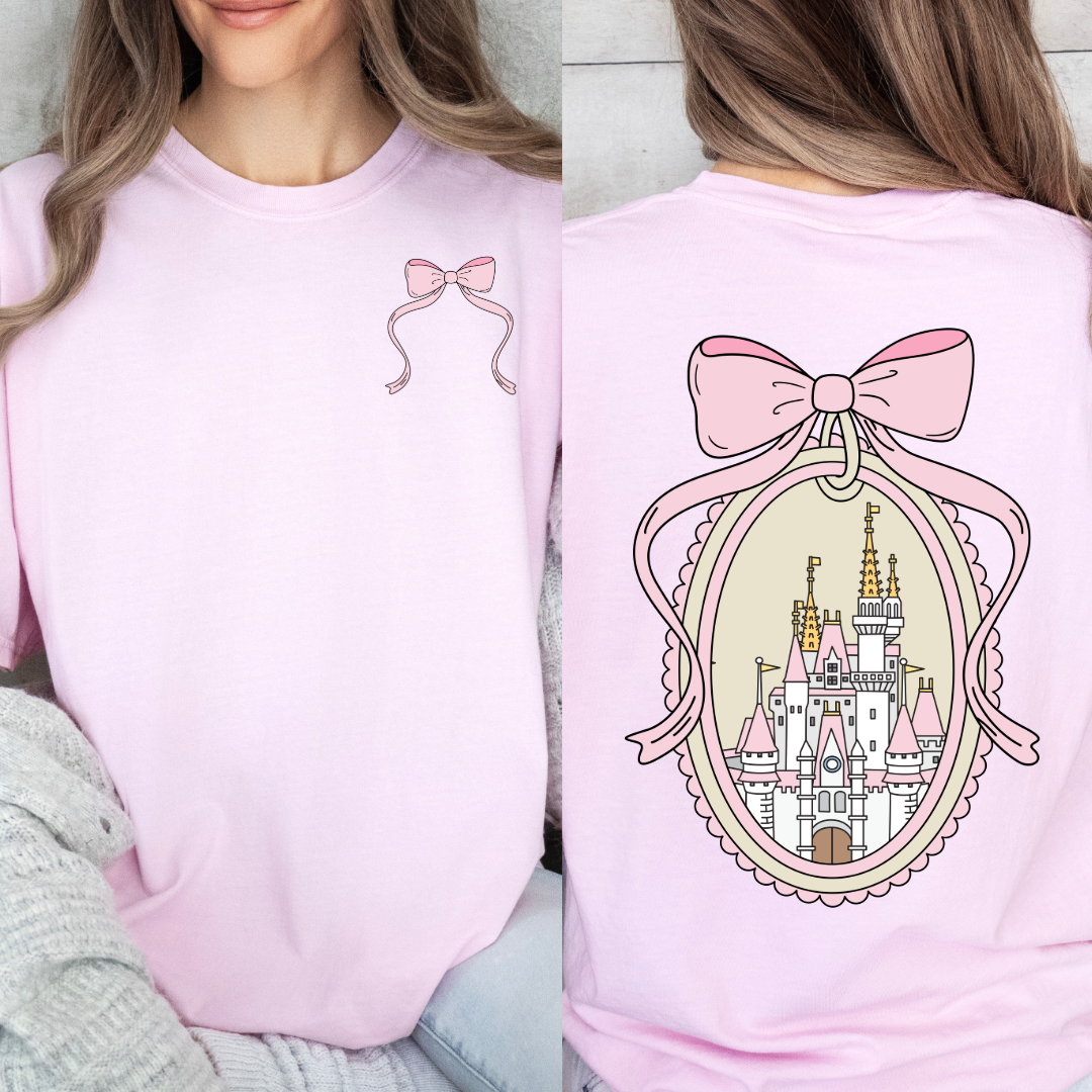 Adult Customized Coquette Castle frame with bow Blossom pink Tee With Bow front