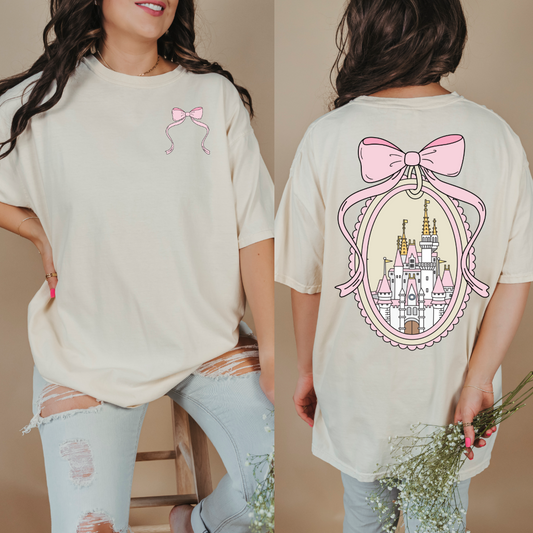 Adult Customized Coquette Castle frame with bow Ivory Tee With Bow front