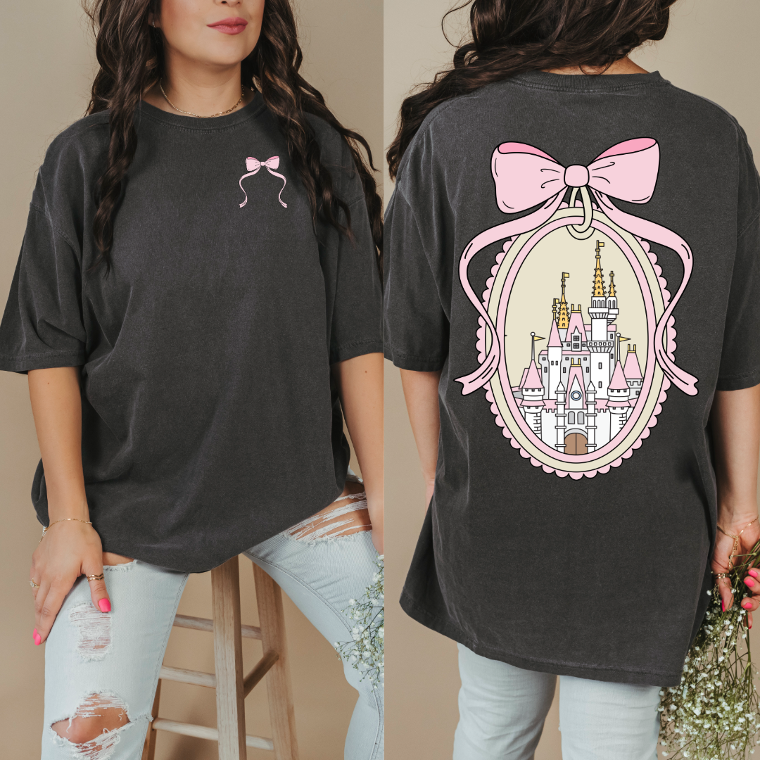 Adult Customized Coquette Castle frame with bow Pepper vintage Black Tee With Bow front