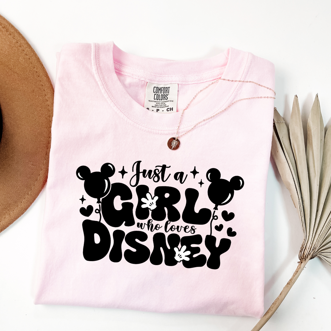 Customized Adult Blossom Pink T-Shirt Just a girl who loves Disney bubble writing mickey balloon on string with mickey gloves 
