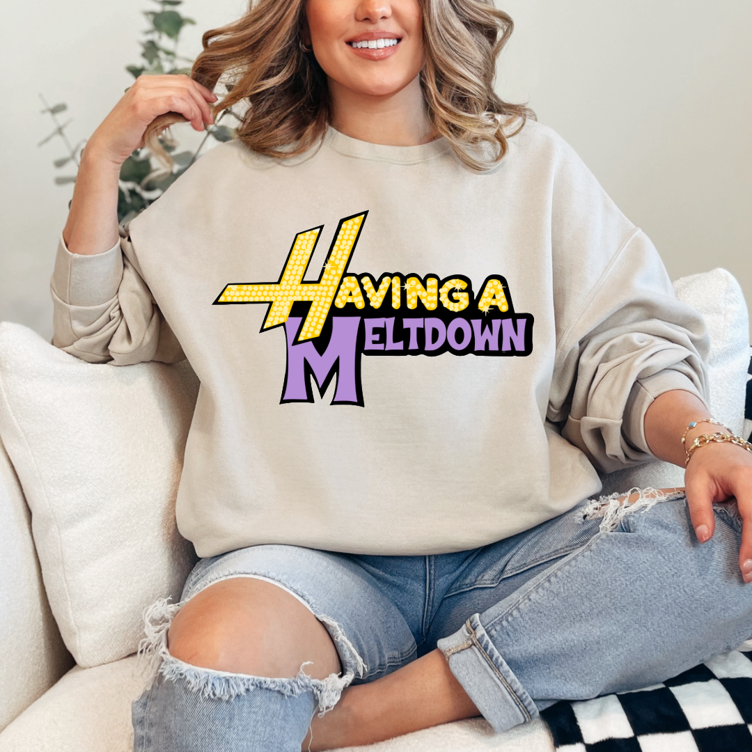 Customized Adult Beige Crewneck Having a meltdown yellow and purple groovy bubble font