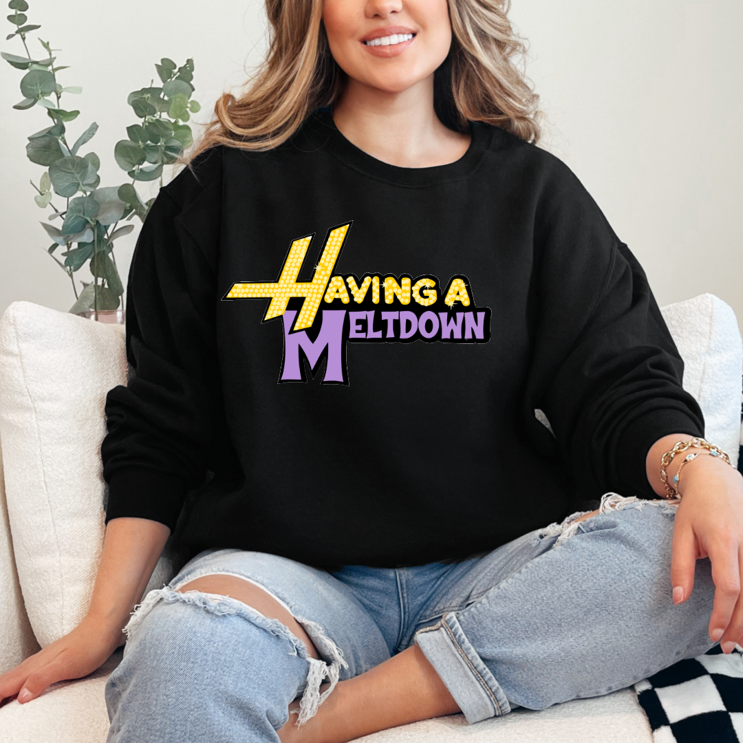 Customized Adult Black Crewneck Having a meltdown yellow and purple groovy bubble font