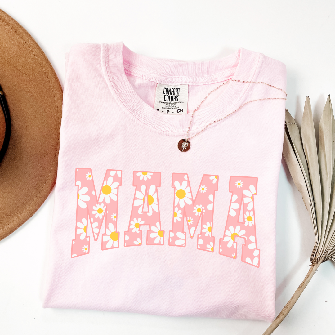 Customized Adult Blossom Graphic tee with varsity letter font Mama with yellow and pink daisies Matching mini tee and crewneck available. 