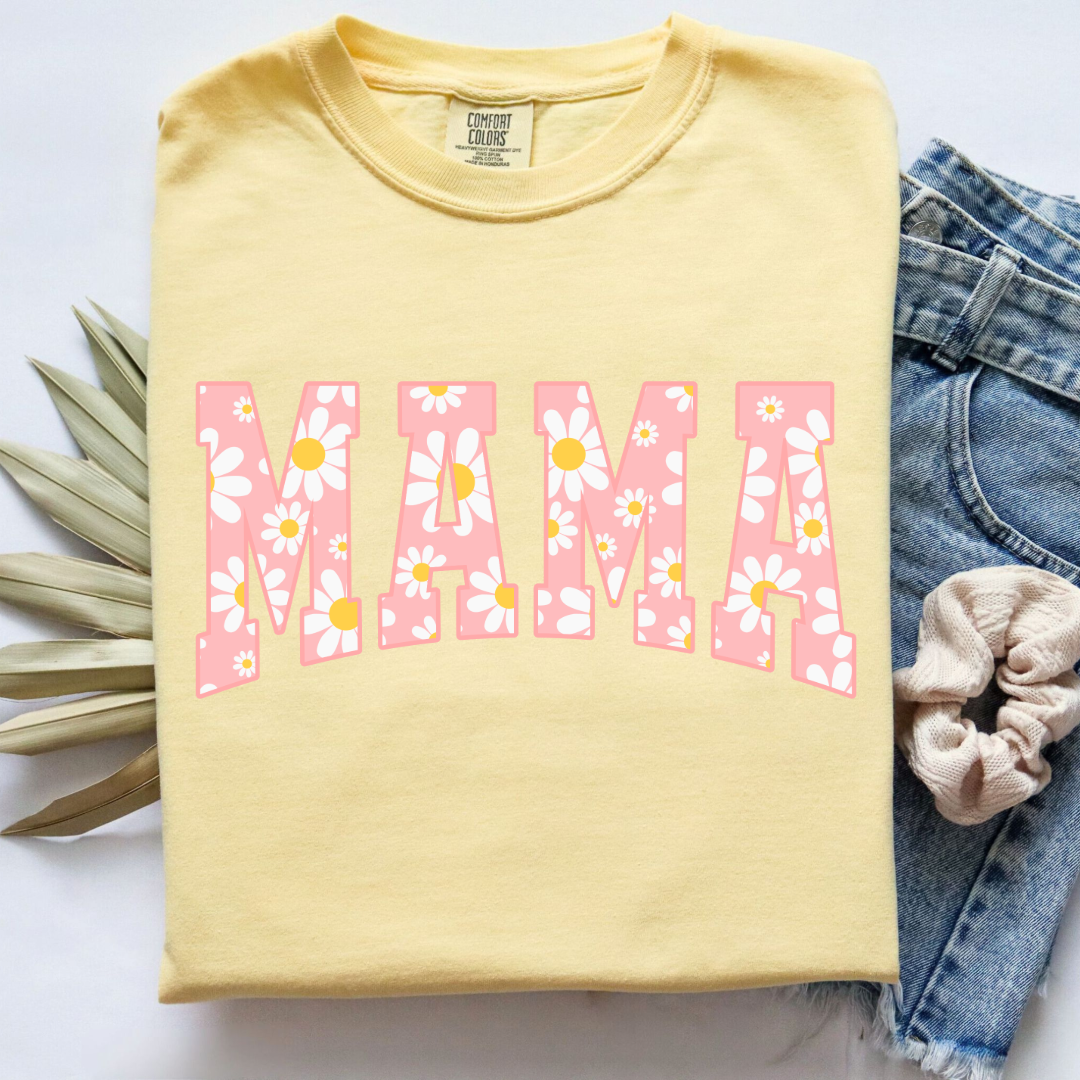 Customized Adult Butter Yellow Graphic tee with varsity letter font Mama with yellow and pink daisies Matching Mini T shirts and crewnecks available