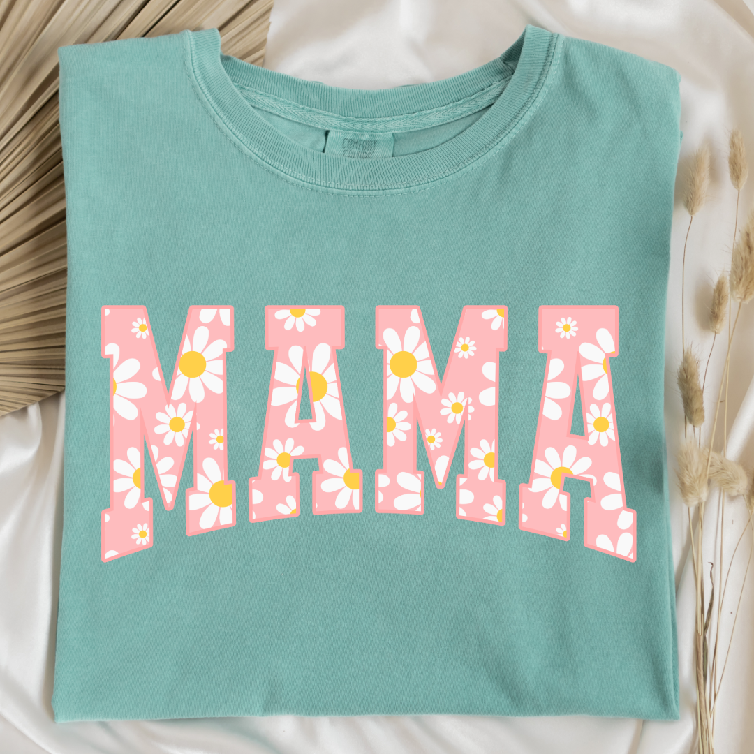 Customized Adult Chalky Mint green Graphic tee with varsity letter font Mama with yellow and pink daisies Matching Mini T shirts and crewnecks available