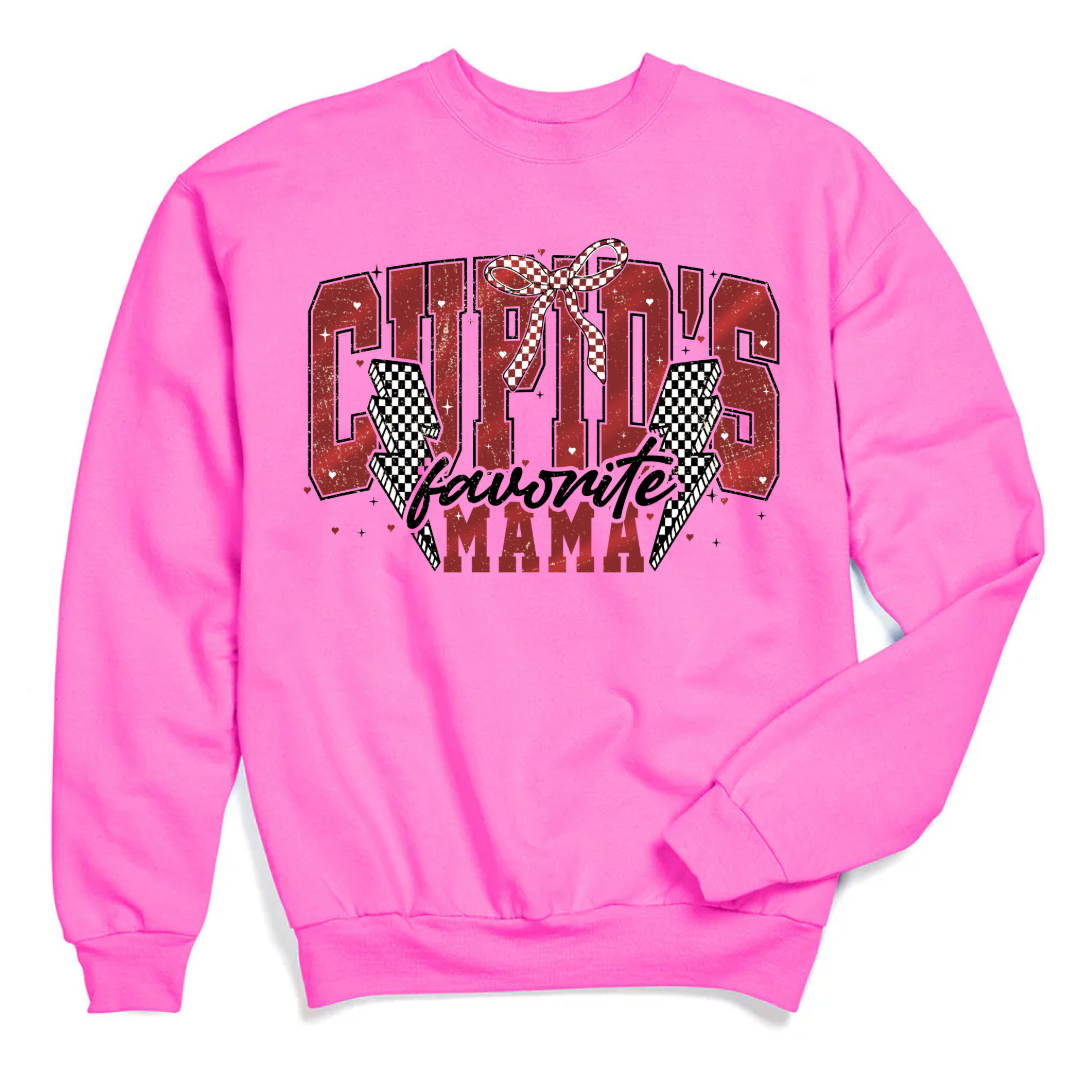 Customized Adult Crewneck Hot pink Cupids favorite mama black and red font black and white checkered lightening bolt Matching adult crewneck as well as matching mama crewneck and graphic tee available. 