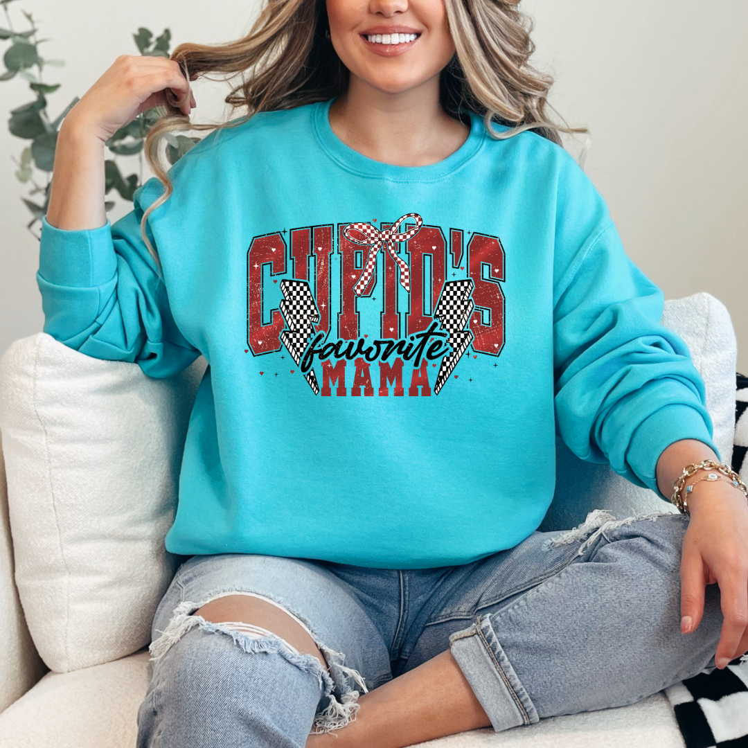 Customized Adult Crewneck Lagoon Blue Cupids favorite mama black and red font black and white checkered lightening bolt Matching adult crewneck as well as matching mama crewneck and graphic tee available. 