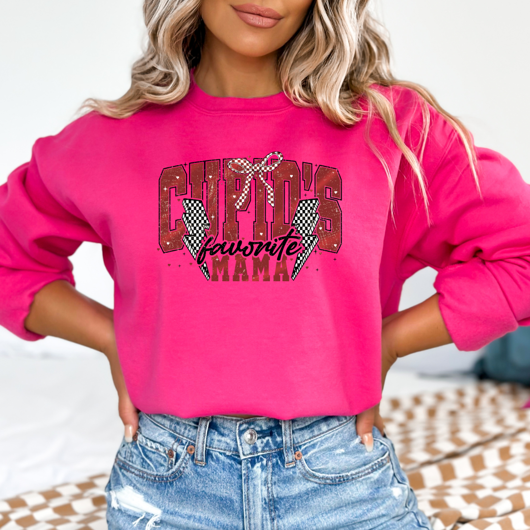 Customized Adult Crewneck Medium Hot pink Cupids favorite mama black and red font black and white checkered lightening bolt Matching adult crewneck as well as matching mama crewneck and graphic tee available. 