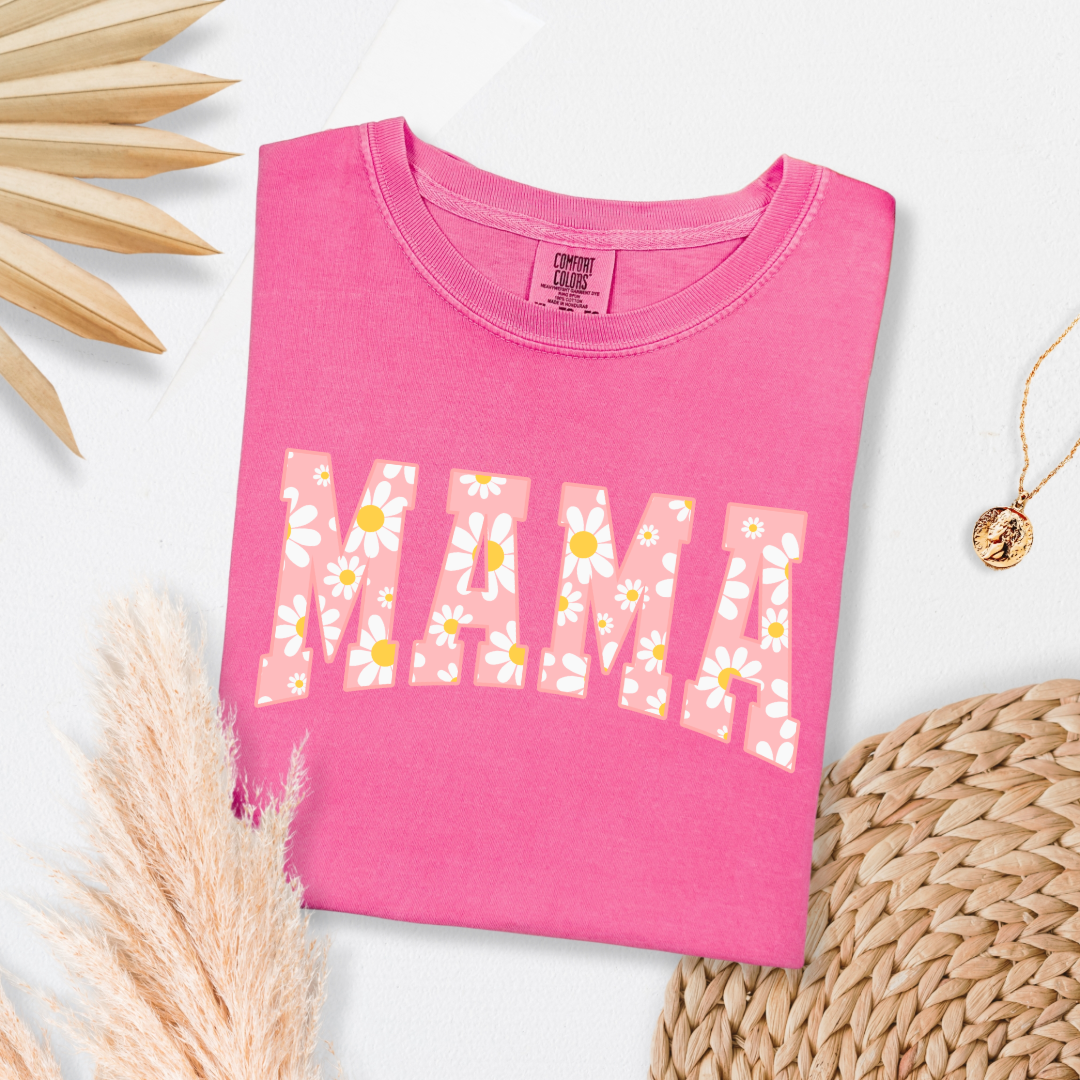 Customized Adult Crunchberry Pink Graphic tee with varsity letter font Mama with yellow and pink daisies Matching Mini T shirts and crewnecks available