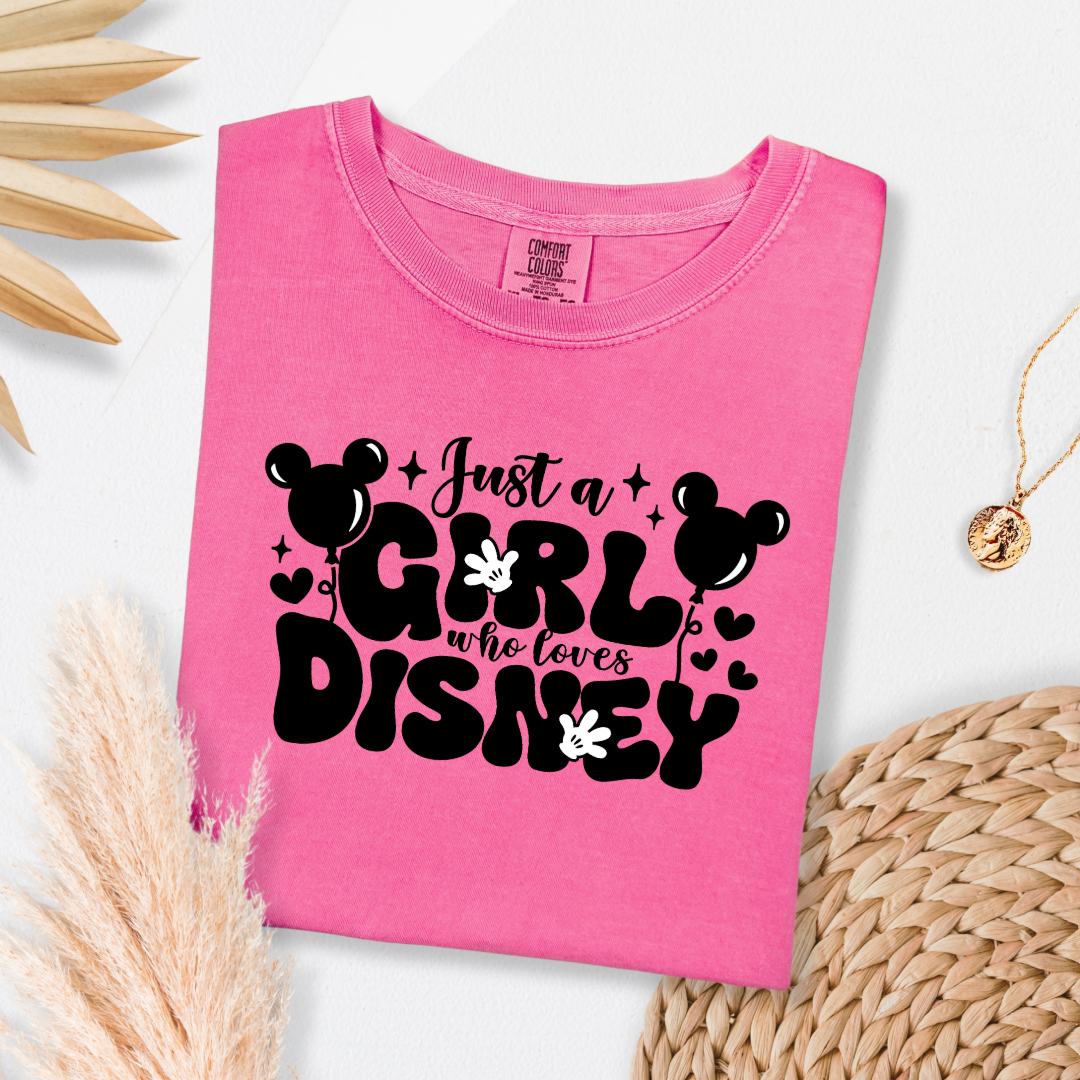 Customized Adult Crunchberry Pink T-Shirt Just a girl who loves Disney bubble writing mickey balloon on string with mickey gloves 
