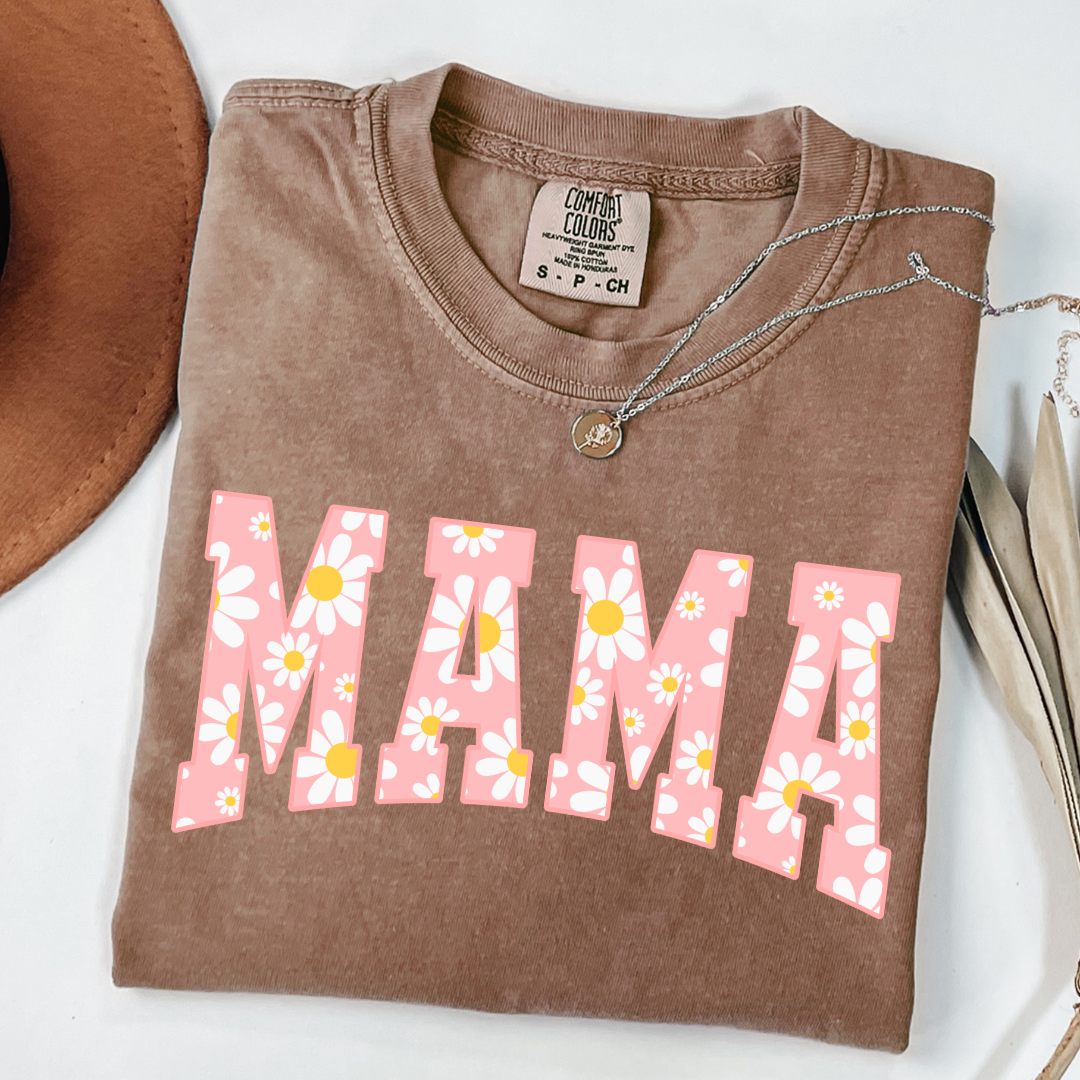 Customized Adult Espresso Brown Graphic tee with varsity letter font Mama with yellow and pink daisies Matching Mini T shirts and crewnecks available