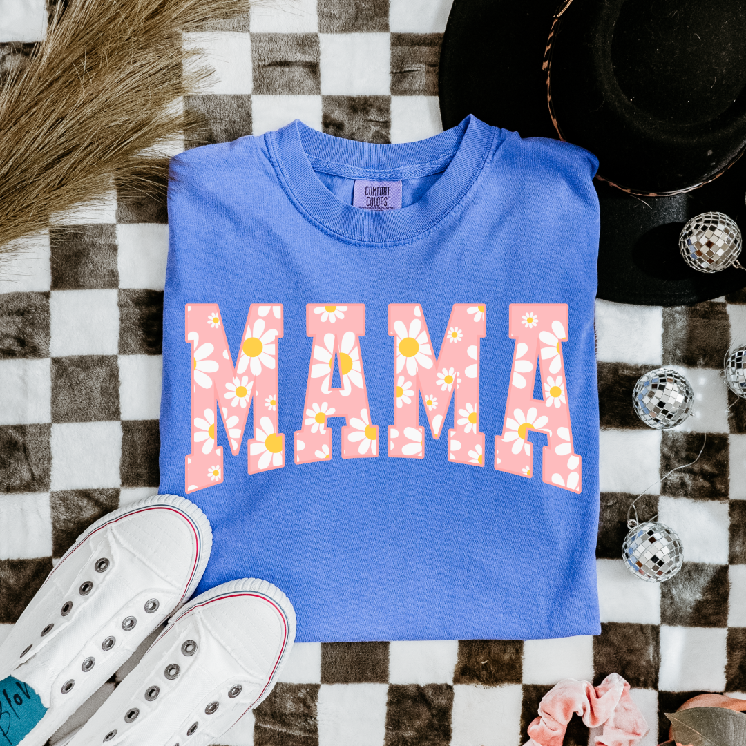 Customized Adult Flo Blue Graphic tee with varsity letter font Mama with yellow and pink daisies Matching Mini T shirts and crewnecks available