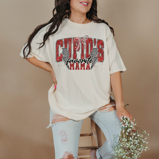 Customized Adult Graphic Tee Ivory Cupids favorite mama black and red font black and white checkered lightening bolt Matching adult crewneck as well as matching mini crewneck and graphic tee available. 