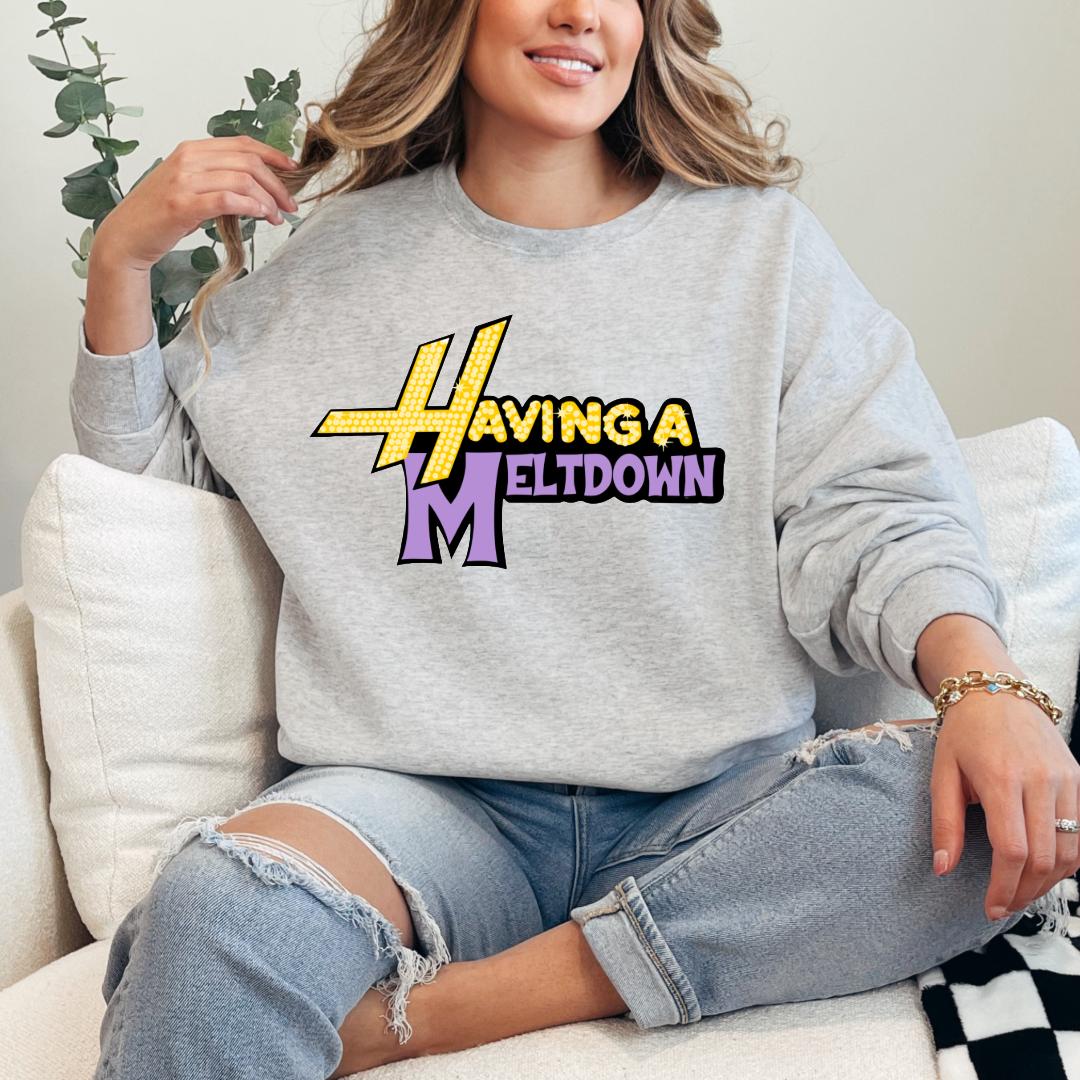 Customized Adult Grey Crewneck Having a meltdown yellow and purple groovy bubble font