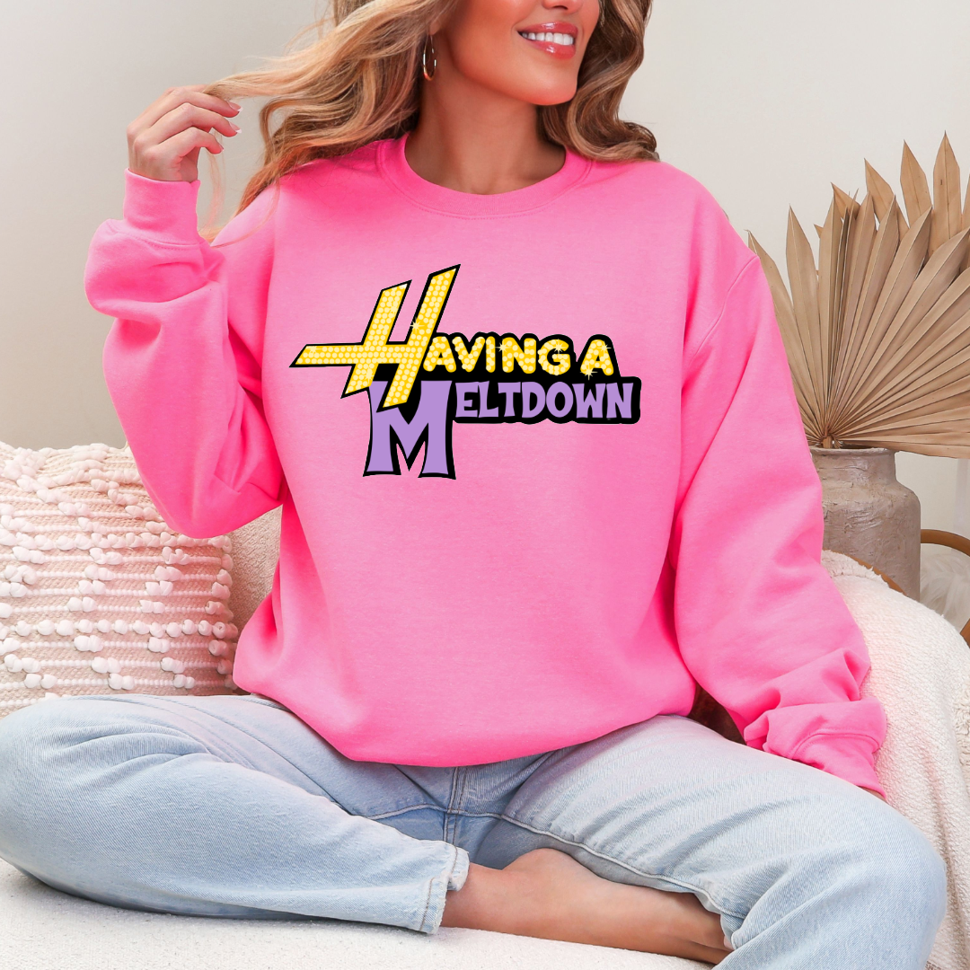 Customized Adult Hot Pink Crewneck Having a meltdown yellow and purple groovy bubble font