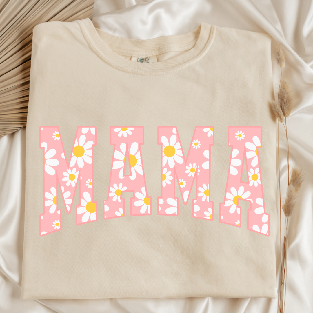 Customized Adult Ivory Flat lay Graphic tee with varsity letter font Mama with yellow and pink daisies Matching mini tee and crewneck available. 
