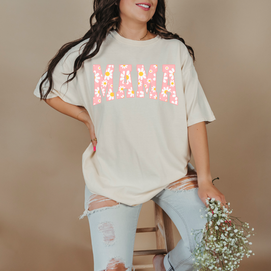 Customized Adult Ivory Graphic tee with varsity letter font Mama with yellow and pink daisies Matching mini tee and crewneck available. 