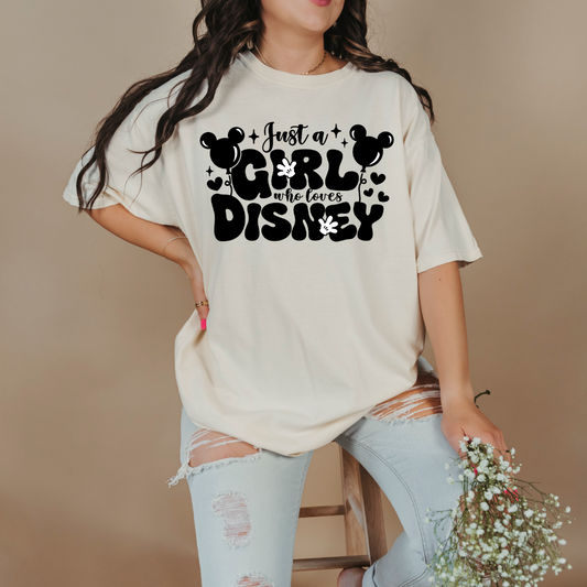 Customized Adult Ivory T-Shirt Just a girl who loves Disney bubble writing mickey balloon on string with mickey gloves  