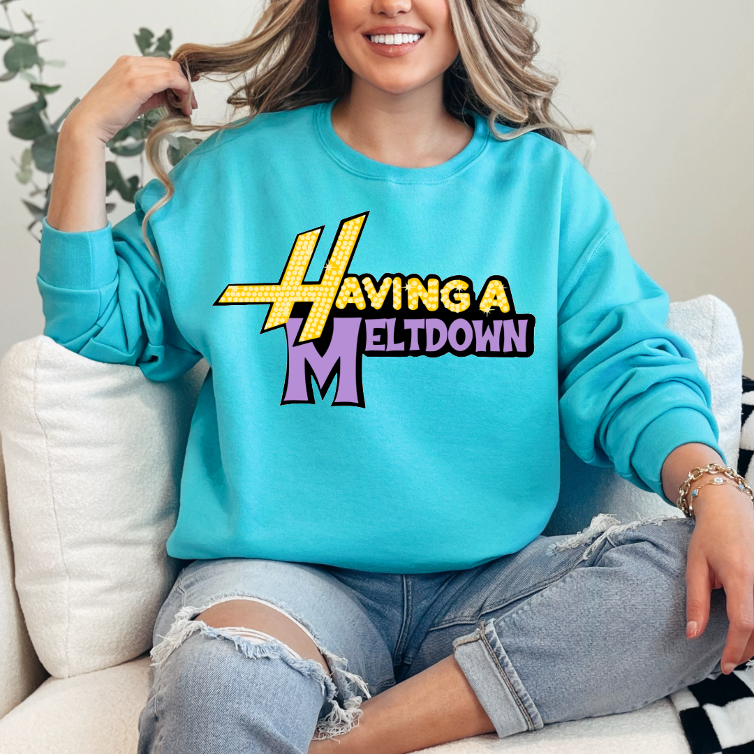 Customized Adult Scuba Blue Crewneck Having a meltdown yellow and purple groovy bubble font