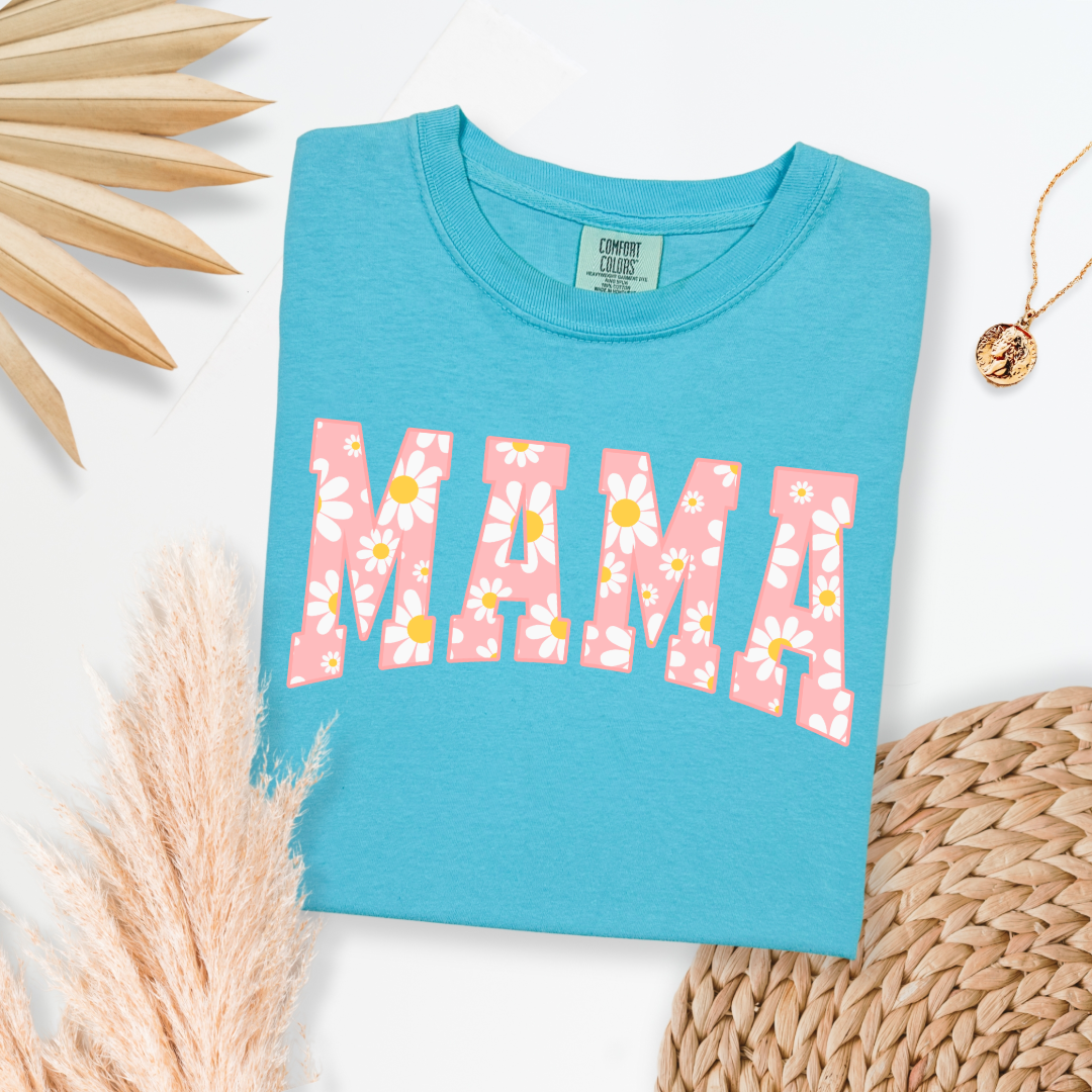 Customized Adult Lagoon Blue Graphic tee with varsity letter font Mama with yellow and pink daisies Matching mini tee and crewneck available. 