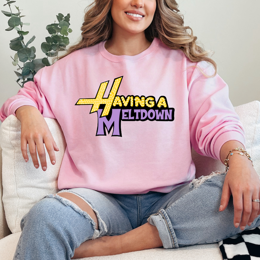 Customized Adult Light Pink Crewneck Having a meltdown yellow and purple groovy bubble font