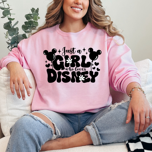 Customized Adult Light pink Crewneck Just a girl who loves Disney bubble writing mickey balloon on string with mickey gloves  