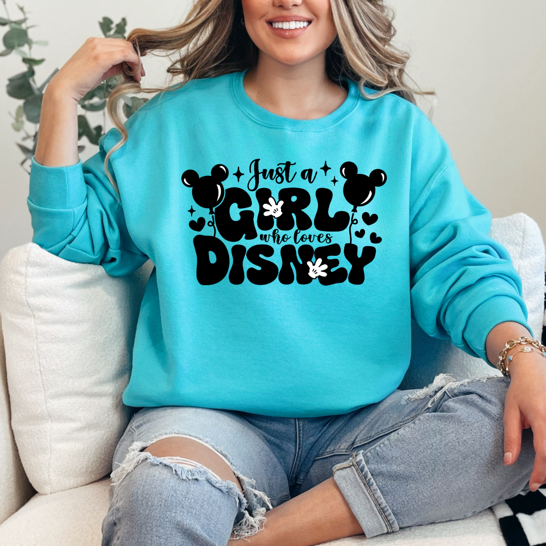 Customized Adult scuba Blue Crewneck Just a girl who loves Disney bubble writing mickey balloon on string with mickey gloves  