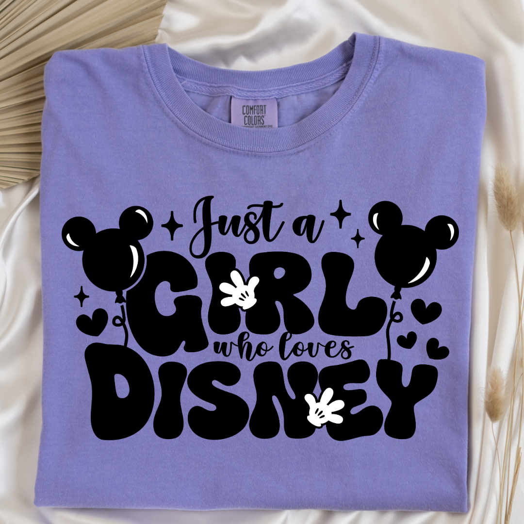 Customized Adult Violet T-Shirt Just a girl who loves Disney bubble writing mickey balloon on string with mickey gloves 