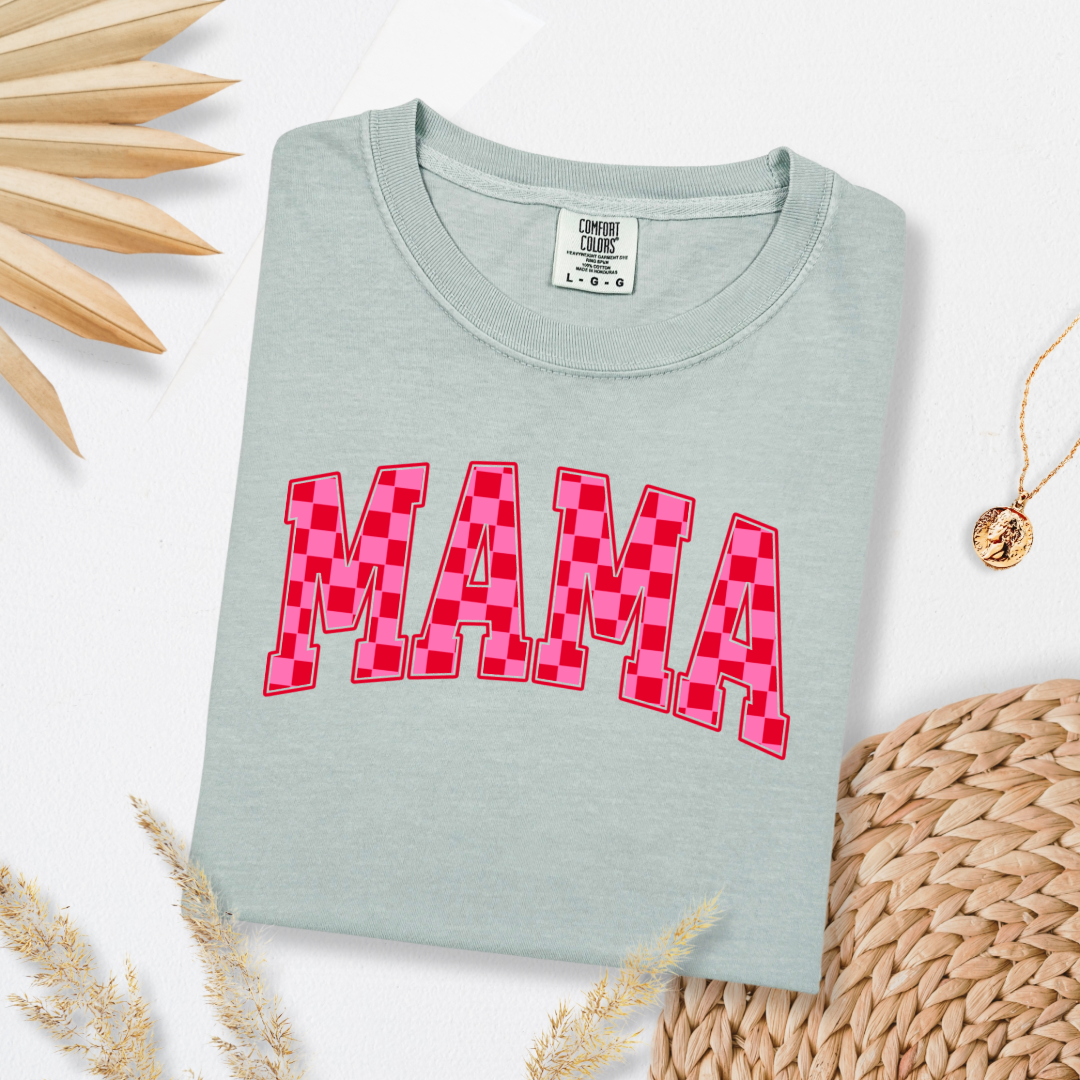 Customized Bay Green Adult Graphic tee Varsity font Mama red and pink checkered Matching Mini tee and crewneck available