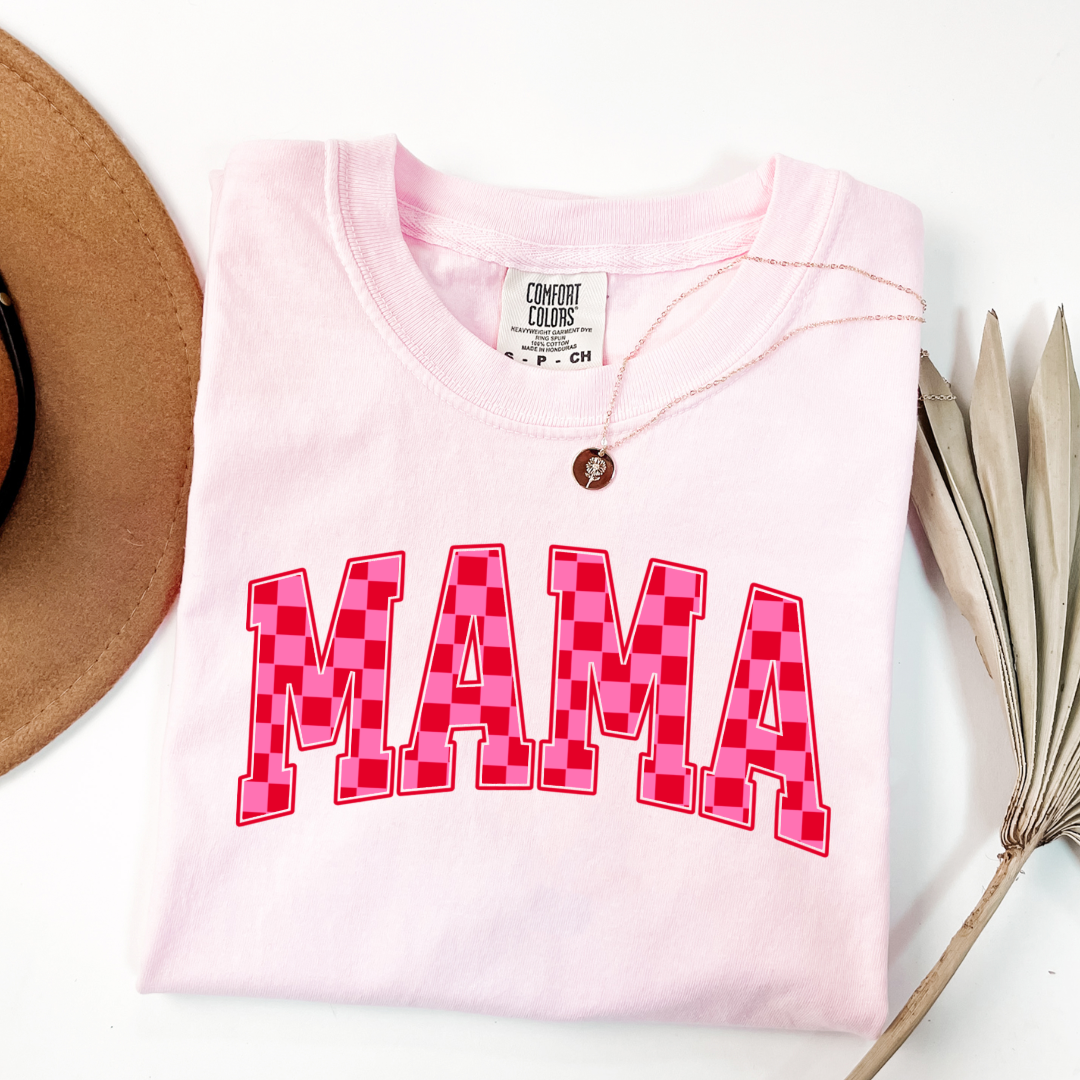Customized Blossom Pink Adult Graphic tee Varsity font Mama red and pink checkered Matching Mini tee and crewneck available