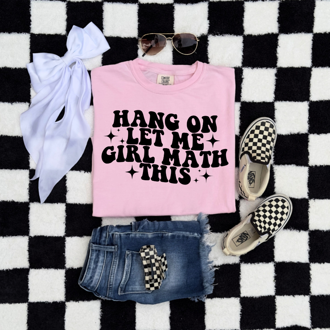 Customized Blossom Pink Flat lay Youth Graphic tee Hang on let me girl math this black bubble letters