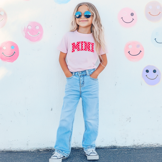 Customized Blossom Pink Youth graphic tee Varsity font Mini red and pink checkered Matching mama tee and crewneck available  