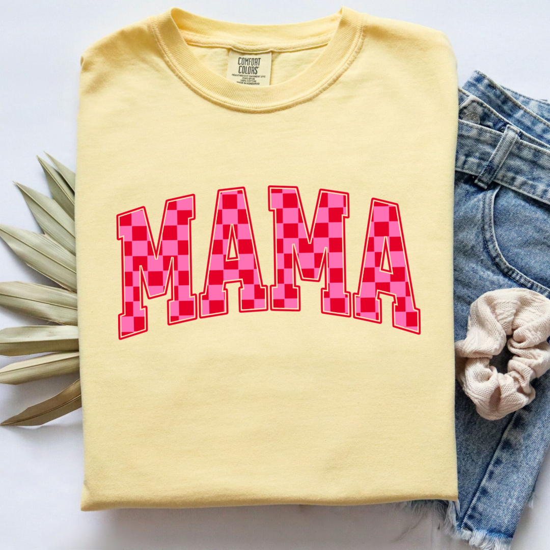 Customized Butter Yellow Adult Graphic tee Varsity font Mama red and pink checkered Matching Mini tee and crewneck available