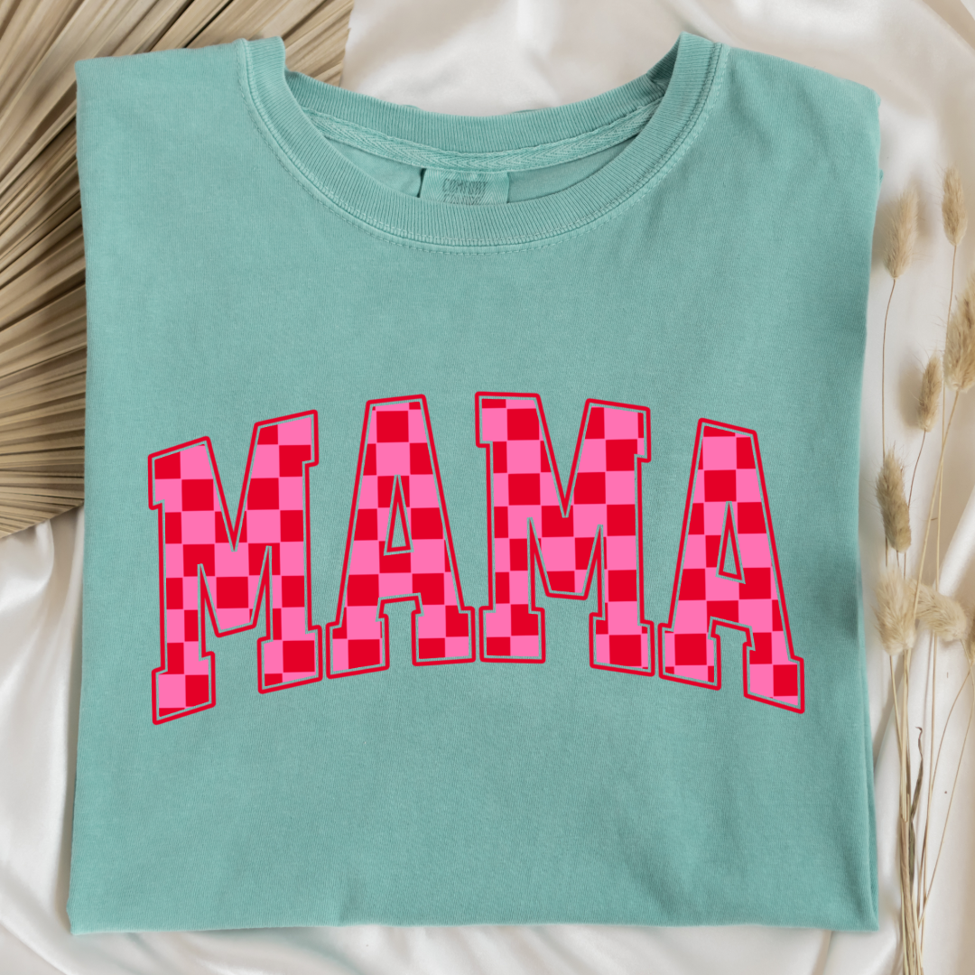 Customized Chalky mint Green Adult Graphic tee Varsity font Mama red and pink checkered Matching Mini tee and crewneck available