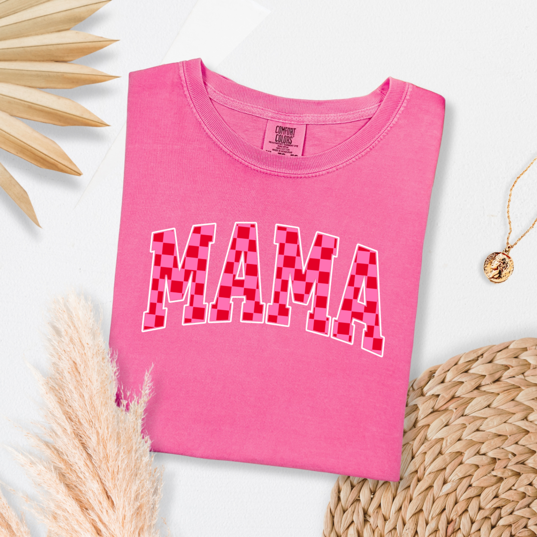 Customized Crunchberry Pink Adult Graphic tee Varsity font Mama red and pink checkered Matching Mini tee and crewneck available