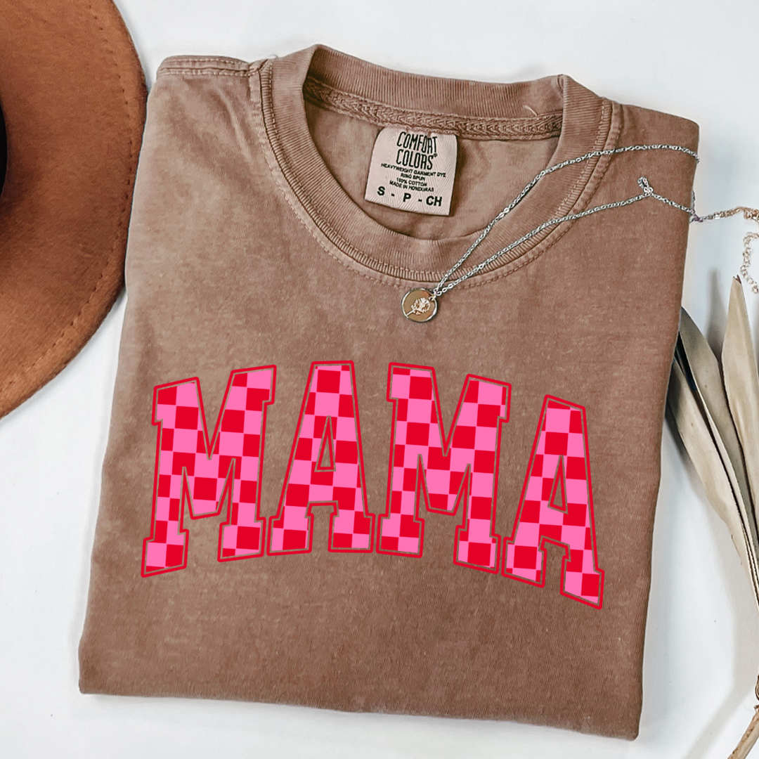 Customized Espresso Brown Adult Graphic tee Varsity font Mama red and pink checkered Matching Mini tee and crewneck available