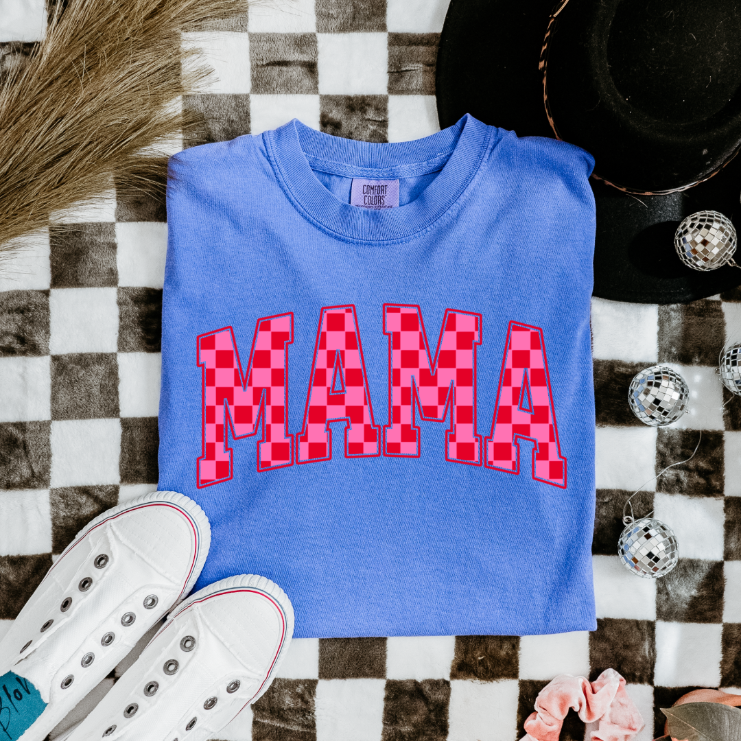 Customized Flo Blue Adult Graphic tee Varsity font Mama red and pink checkered Matching Mini tee and crewneck available